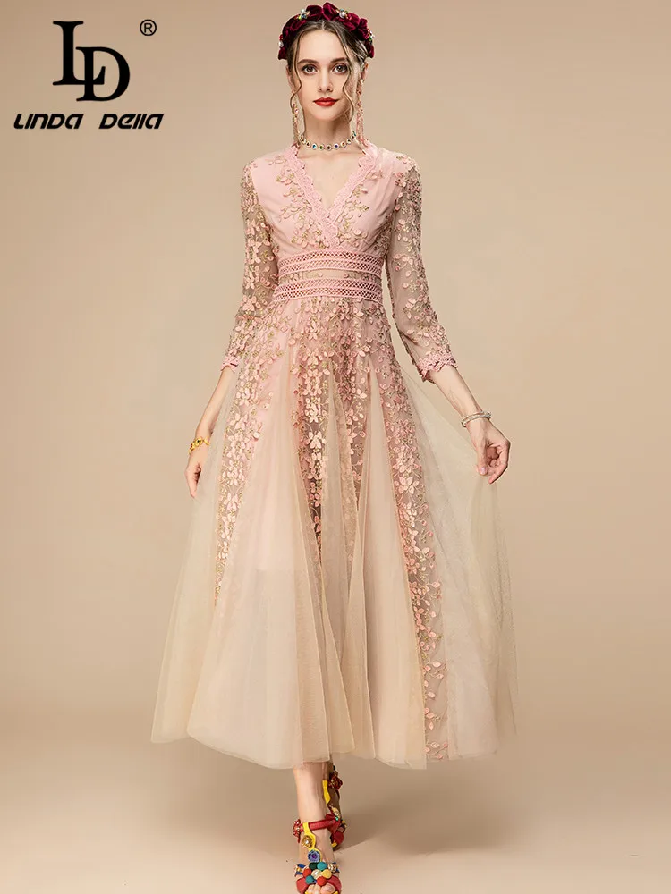 

LD LINDA DELLA New 2023 Fashion Designer Summer Dress Women V-neck Lace Pink Mesh Flowers Embroidery Vintage Party Long Dress