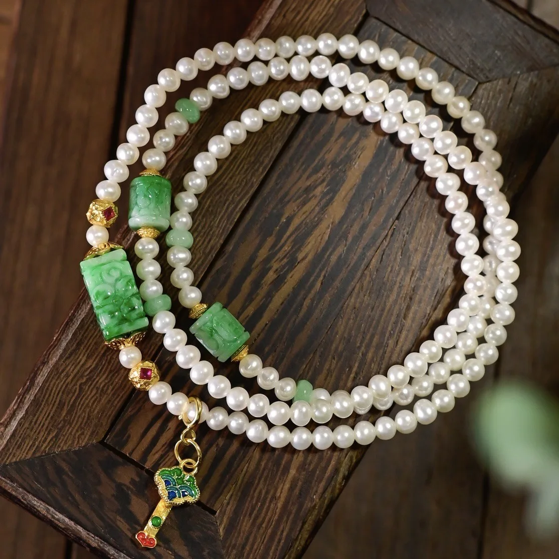 Natural Freshwater Pearl Bracelet, Jadeite Lu Lu Tong, S925 Silver Gilt Enamel Ruyi Pendant Chinese Multi-layer Beaded Bracelet