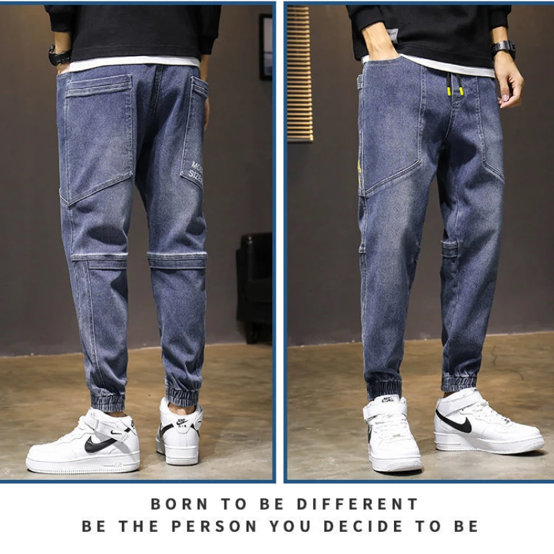 Jeans Men Hip Hop Sweatpants Casual Streetwear Cargo Jeans Harajuku Elastic Waist Trouser Men Clothing Korean Fashion Black Blue
