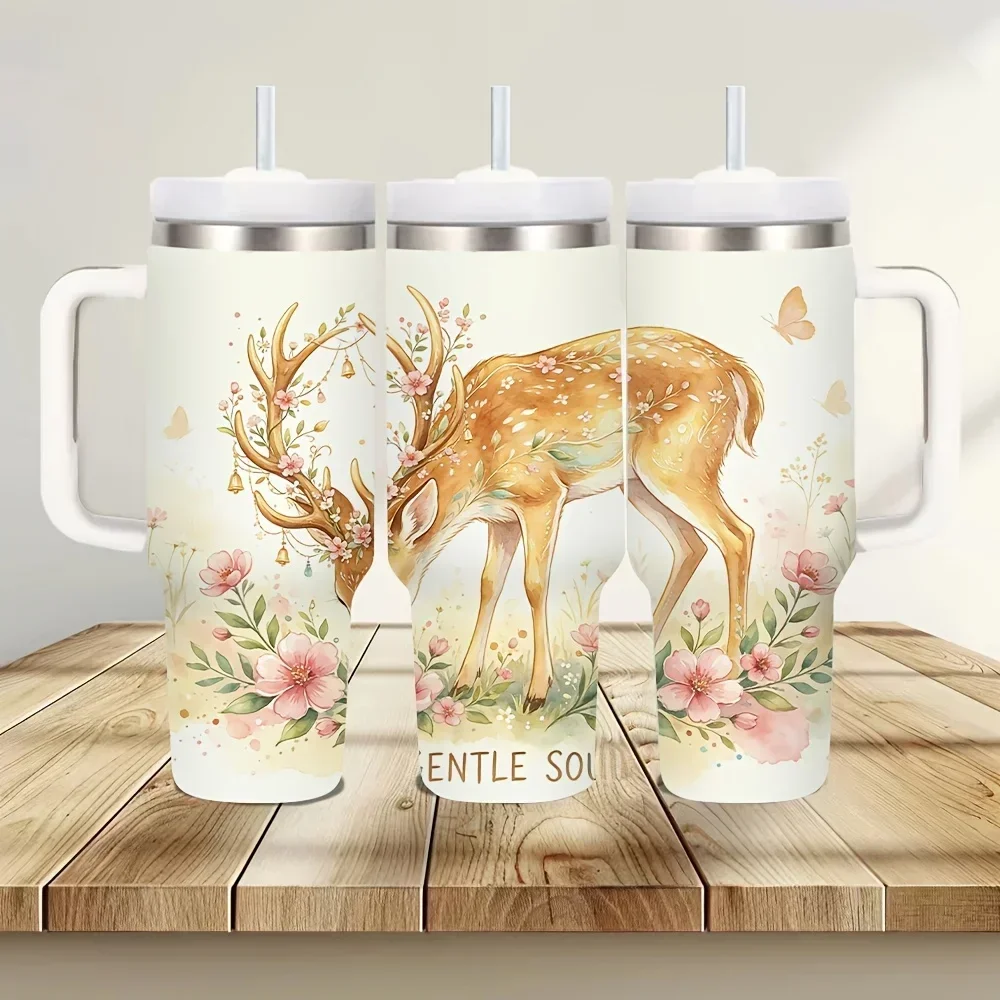 40Oz Insulated Tumbler with Handle, Gentle Watercolor Deer Floral Print Design, Keeps Beverages Hot And Cold, Suitable for Daily Use, Outdoor Trips And All Daily Scenes for Everyone