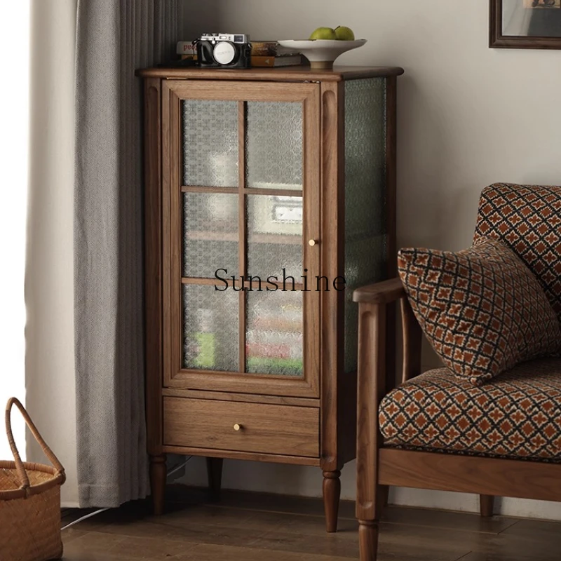 

Nordic black walnut solid wood bookcase living room dust glass figure display cabinet