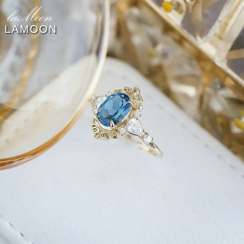LAMOON Vintage Luxury Blue Topaz Ring For Women Court Style Elegant 925 Sterling Silver 14k Gold Plated Fine Jewelry Gift