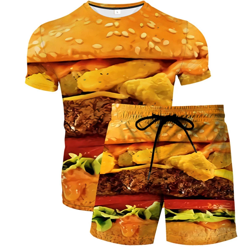 New Funny Hamburger 3D Print Tracksuit Men\'s Hip Hop Short Sleeve T-Shirts Shorts Sets Streetwear Sportswear Kids Suits Clothing