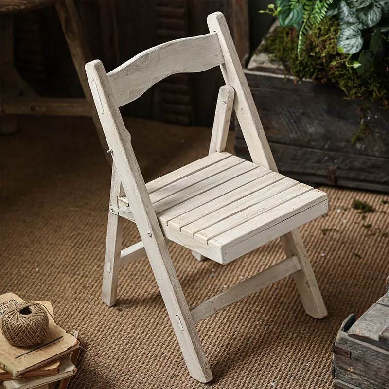 Vintage Distressed Solid Wood Folding Chair Plant Stand Natural Wood Grain Rustic Floor Storage Shelf Balcony Home Decor