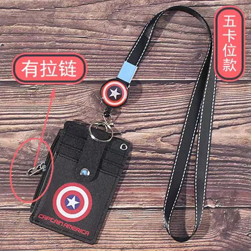 Disney Mickey Minnie hanging neck  card holder Stitch Captain America Cartoon ID shell leather case bus card hold