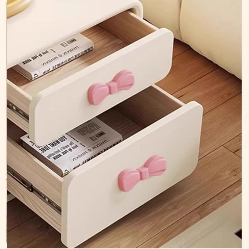 Nordic Cream Nightstand Pink Bow Drawer Handles Modern Minimalist Bedside Table Drawers Bedroom Living Room Decoration Furniture