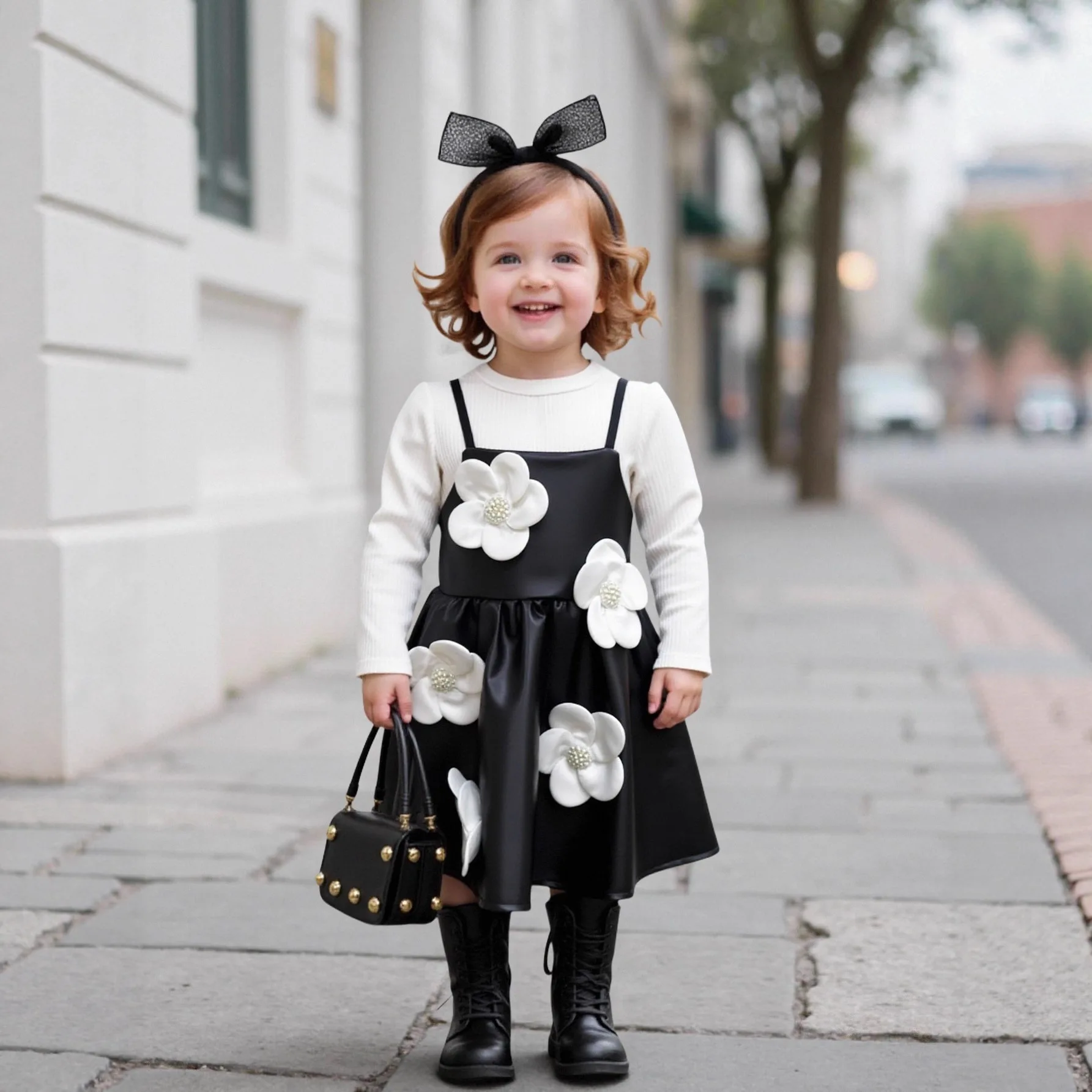 2025 Autumn Winter Girls New Bottom Shirt Three Dimensional Flower Leather Skirt Dress Set