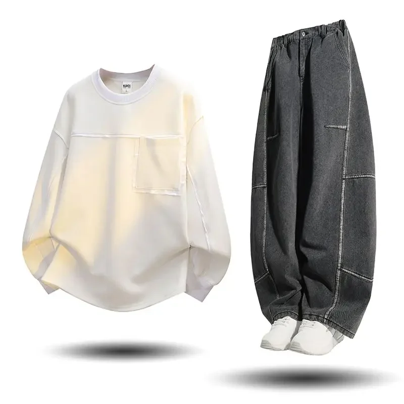 2025年秋冬メンズトラックスーツカジュアルラウンドネックプルオーバースポーツウェアと万能パンツ2ピースセットヒップホップスーツ大きいサイズ