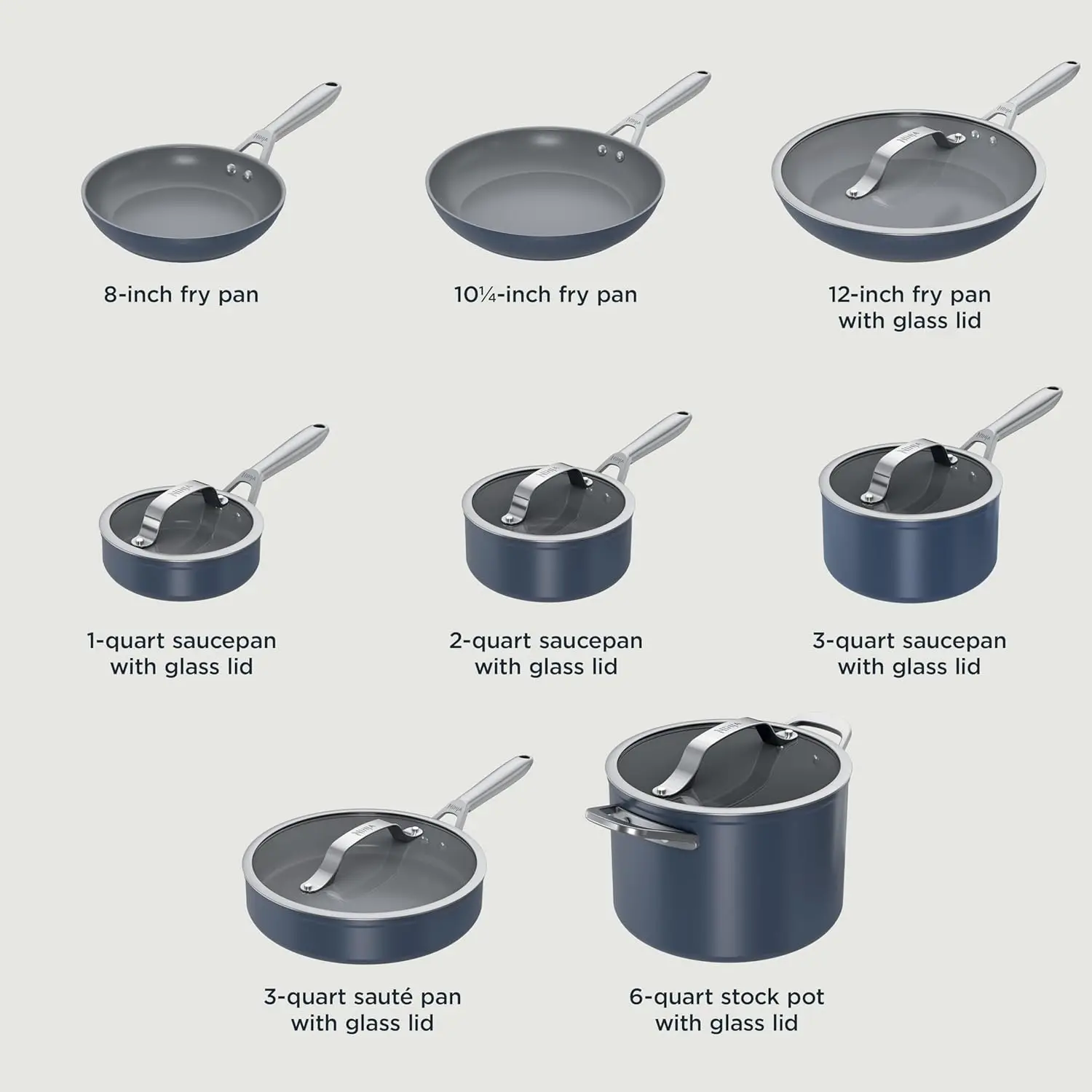 14-Piece Cookware Set, Non-Stick Pots & Pans Set with Glass Lids, Ceramic Coated, Stainless Steel, Stove to Oven Safe