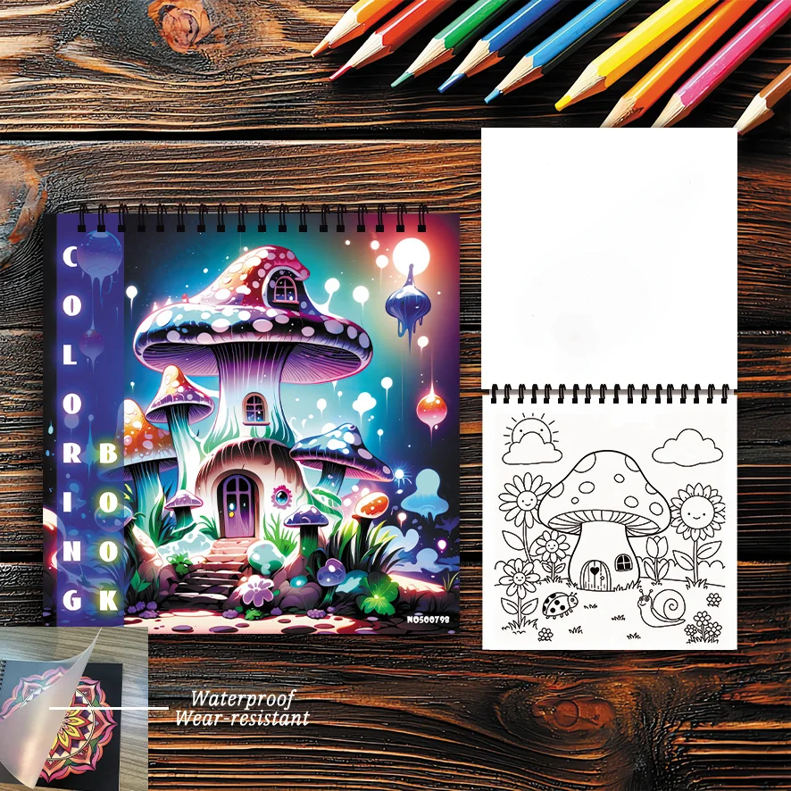 Magical Mushroom House Coloring Book 8.27x8.27 Inches 22 Pages Fantasy Theme Stress Relief Relaxation Gift for Family And Friend