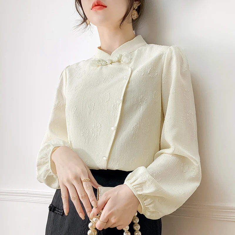 New 2024 Spring Jacquard Blouse For Womens Elegant White Shirts & Blouses Long Sleeve Tops Mujer Chinese Style Fashion Blouse