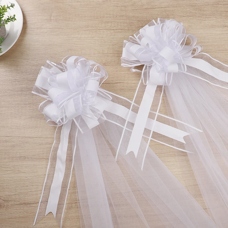 Large White Wedding Bows With Long Tulle Tails For Wedding Church Chair Aisle Decor Wedding Car Decoration Party Decoration view 3