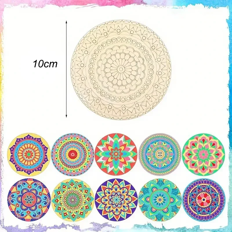 

10pcs Unfinished Wooden Mandala Coaster Painting Kit DIY Hand Painting Wooden Chips Art Craft Set