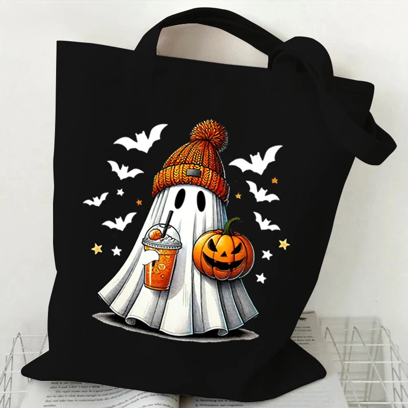 Women\'s Tote Bag Halloween Retro Ghost Coffee Pumpkin Print Canvas Cartoon Shopping Bags The Boo Horror Commuter Shoulder Bag