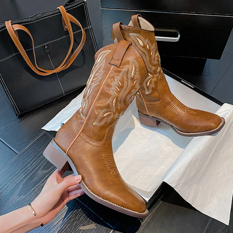 New Brown Leather Mid-Calf Boots Western Cowboy Boots Women Square Toe Retro Thick High Heels Knight Boots Winter Botines Mujer