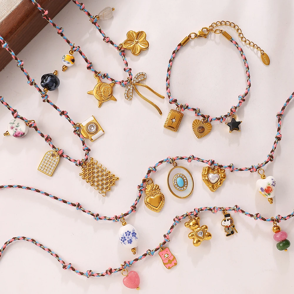 Braided Rope Necklace For Women Stainless Steel Rhinestone Heart Bow Ceramic Charm Necklace Bracelet Teenager Gifts