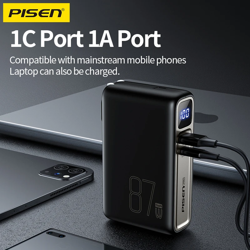 PISEN 87W Power Bank Super Fast Charging For iPhone iPad MacBook AirPods Samsung Xiaomi Laptop Tablet External Chargers AC Plug