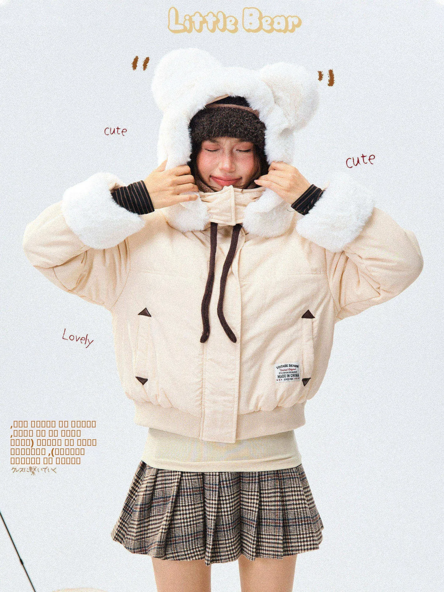 

Зимнее пальто Young Stage Thiened для женщин: универсальная теплая куртка с отстегивающимся капюшоном и ушками медведя, хлопковая, для холодной погоды