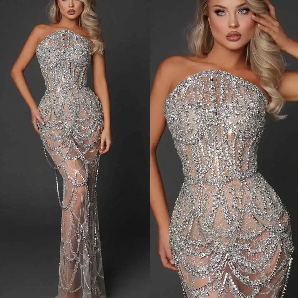 

Роскошное вечернее платье русалки без бретелек с бисером и кристаллами, платья для выпускного вечера, иллюзия, кружево, длиной до пола, вечерние платья по индивидуальному заказу