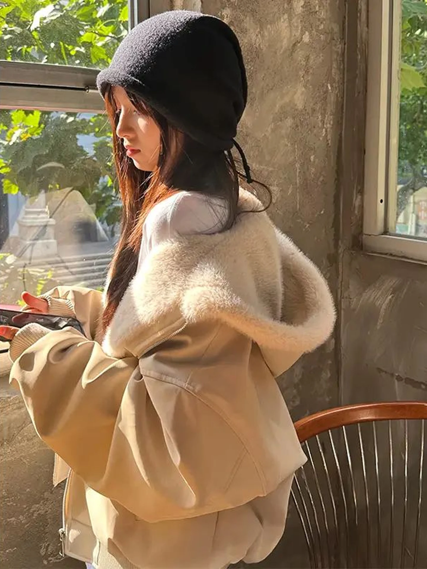 

Retro American Cotton Jaet Women's Thiened Winter Coat Warm Hooded Fur Collar Chic Sle Commute Loose Fit Long Sve