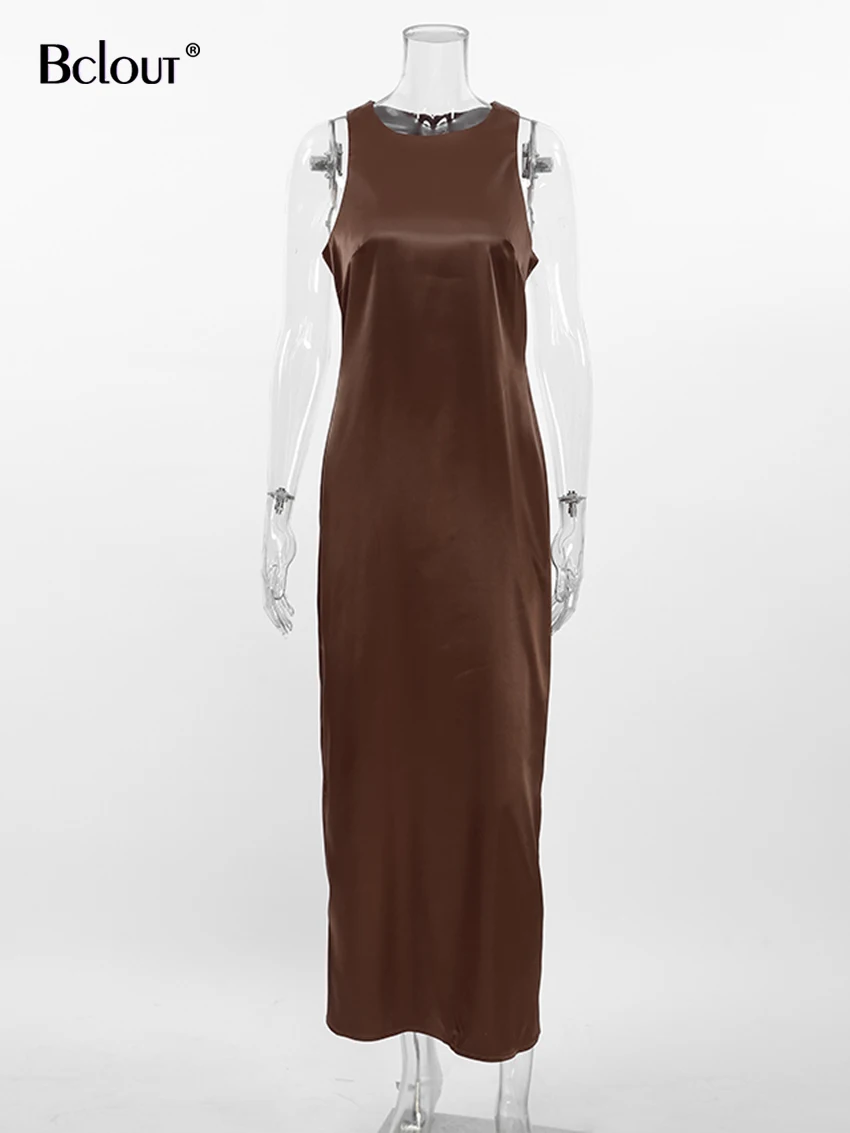 Bclout Fashion Satin Brown Dress Women 2024 Summer O-Neck Solid Office Lady Straight Dresses Casual Sleeveless Party Long Dress