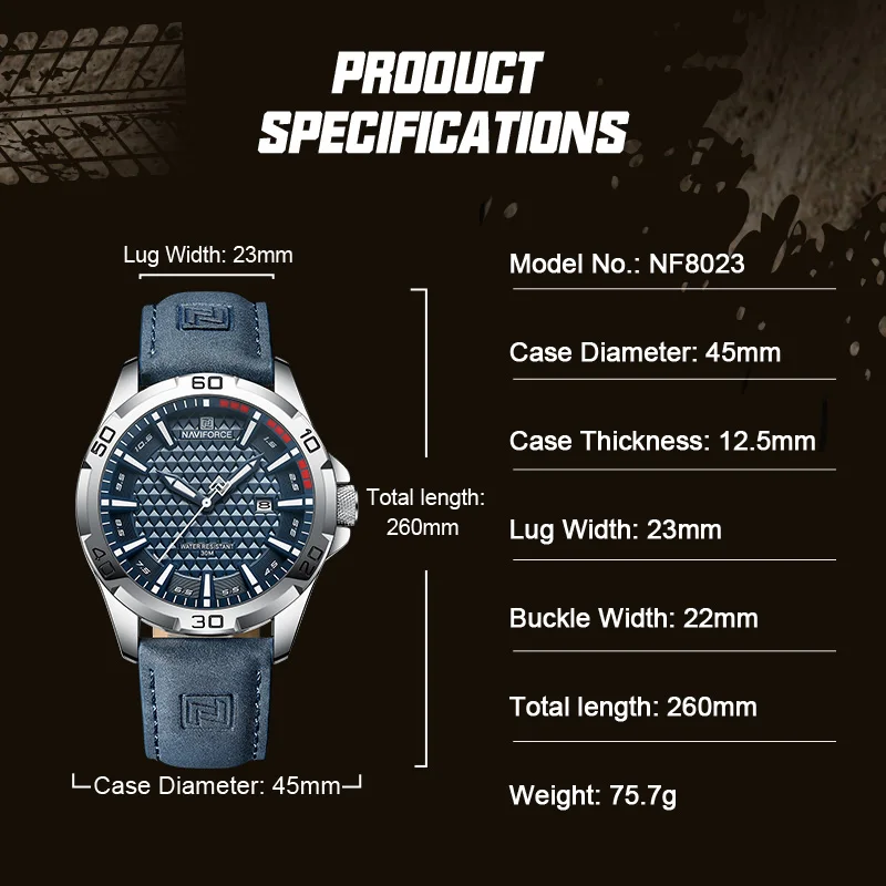 NAVIFORCE Brand Men Fashion Quartz Watches Male Leather Strap Sport Waterproof Wristwatches CalendarClock Relogio Masculino