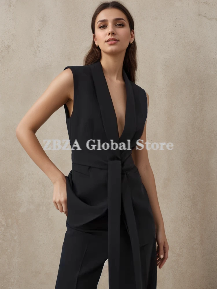 ZBZA Women\'s Belted Tuxedo Vest Fluid Pants Suit Sleeveless Lapel Vest High Waist Flowy Straight Leg Pants New Female Chic Suit