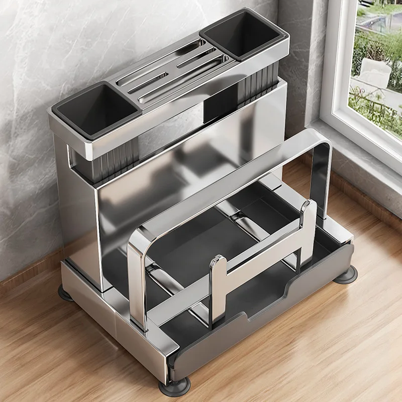 Stainless Steel Wall-Mount Or Countertop Kitchen Organizer Knife Cutting Board Pot Lid Slots Dual Utensil Cups Hooks Drain Tray