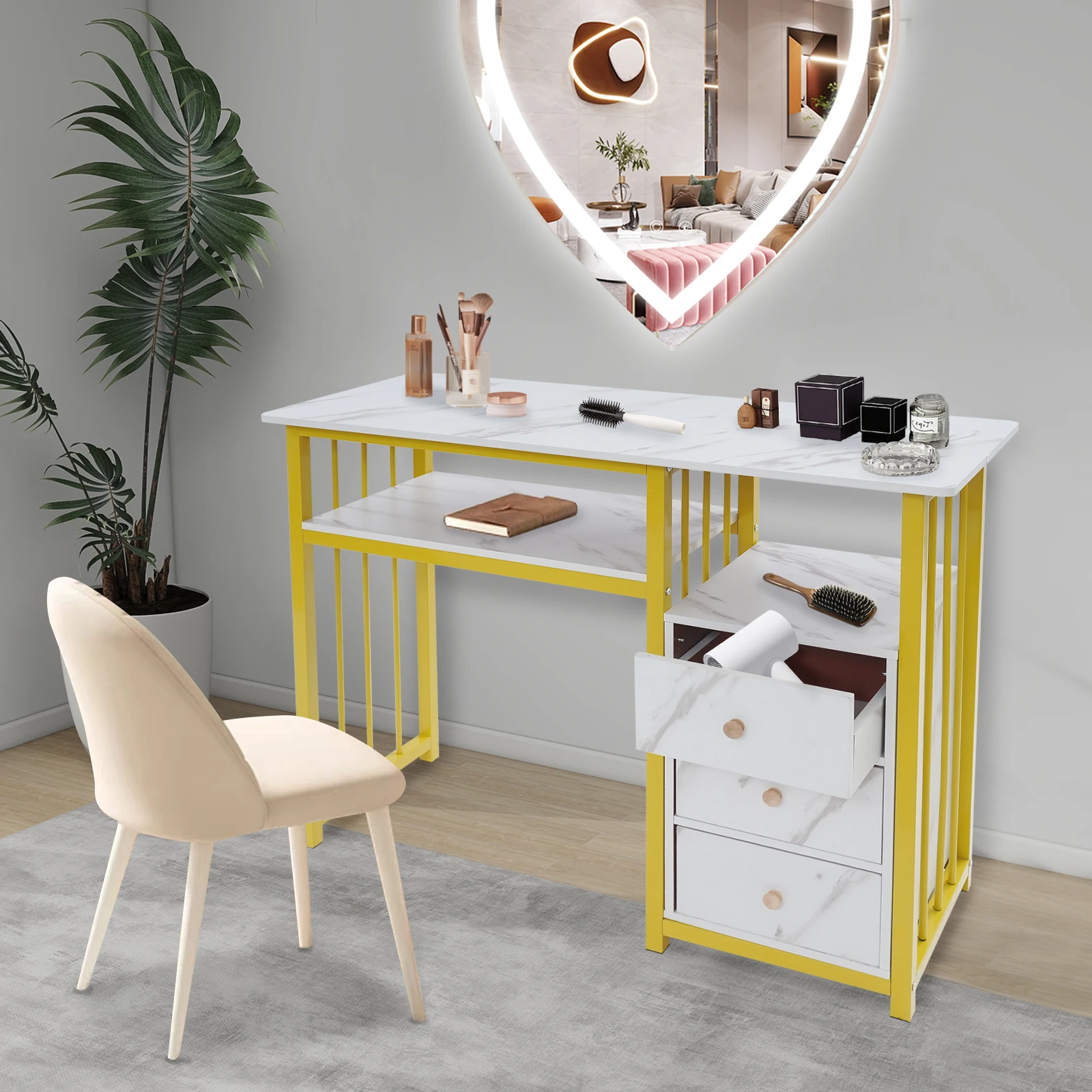 골드 화이트 밀도 보드 네일 데스크, 100*40*76cm 3 서랍 직사각형 매니큐어 테이블 바닥 마운트 거실, 사무실