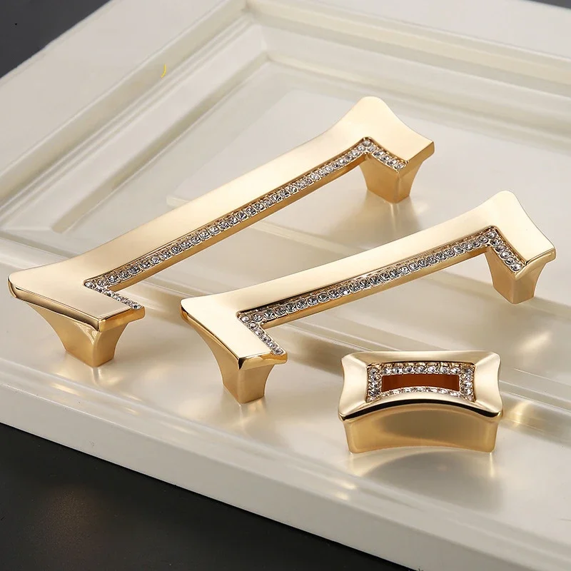 Luxury Gold Czech Crystal Cabinet Door Handles Furnitures Cupboard Wardrobe Drawer  Dresser Hidden Pull Furniture Hardware