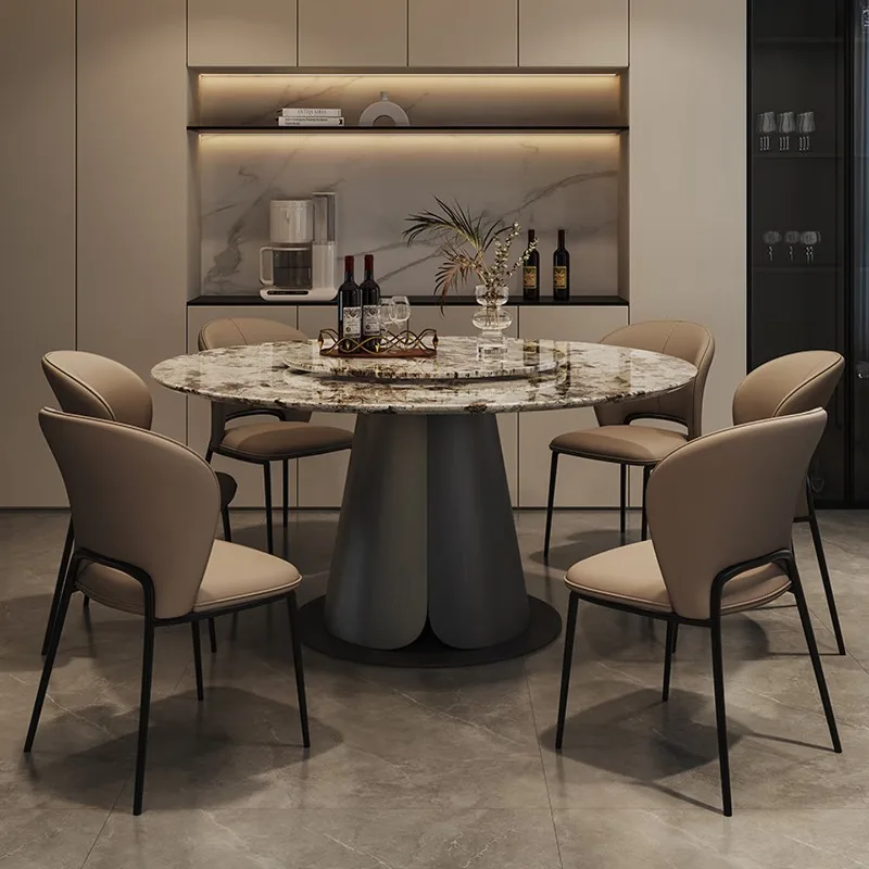 

Italian light luxury marble round dining table with turntable household living room luxury stone dining table
