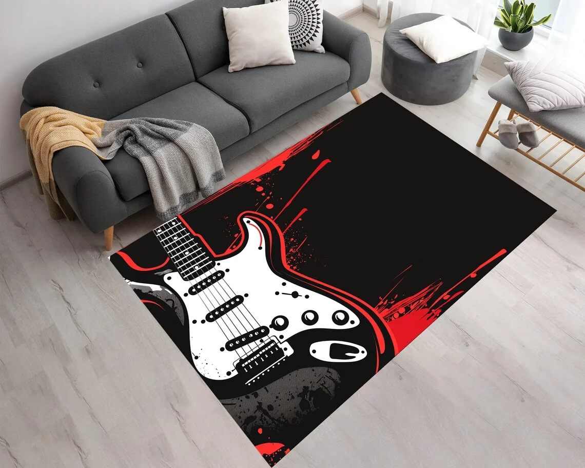 Music Lovers' Retro Guitar Music Theme Style Studio Carpet Living Room Bedroom Home Decor Easy to Care