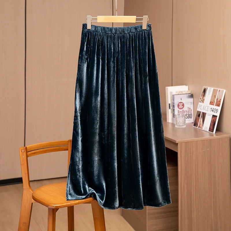 

Women Velvet Silk Midi Skirt 100% Mulberry Silk Lining Peacock Blue Elastic Waist Chic Skirts Office Lady QQ010