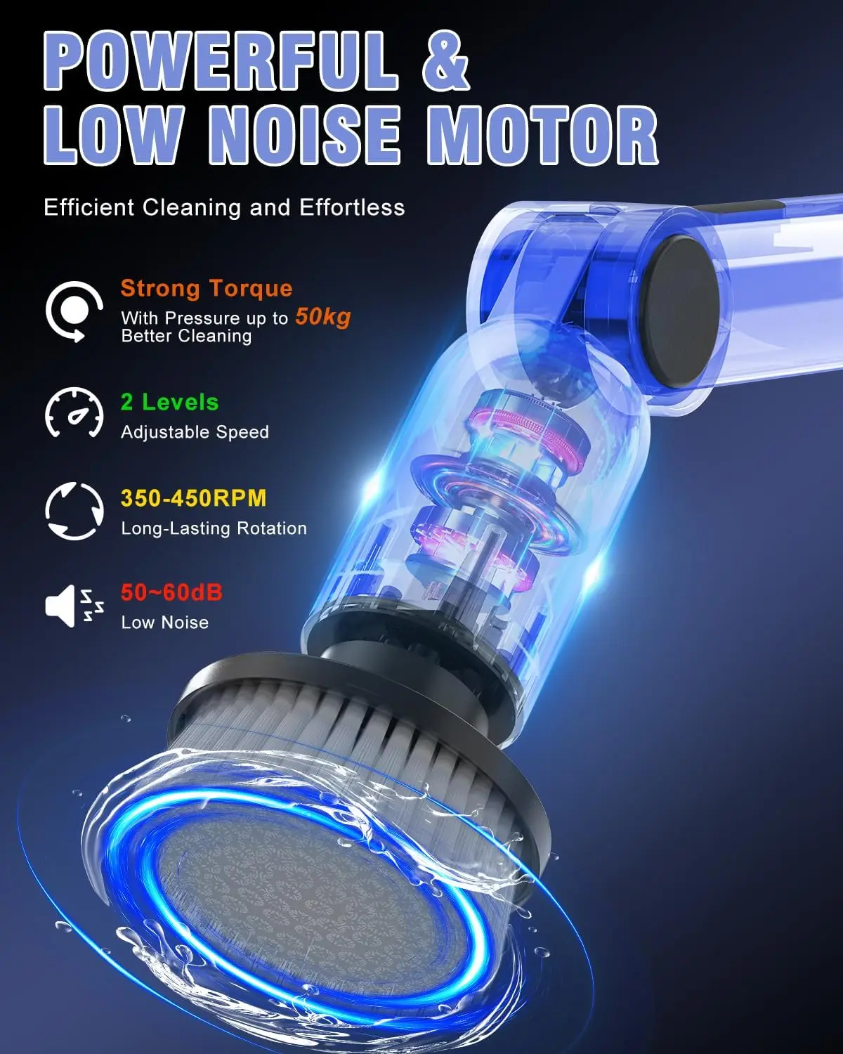 منظف دوار كهربائي، مقاوم للماء IPX7، عزم دوران 50 كجم، 9 رؤوس فرشاة، سرعتان، 4 زوايا، لبلاط أرضية الحمام (رمادي) #3