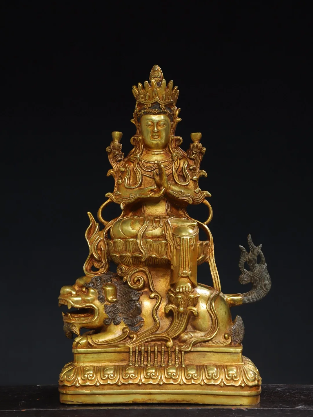 

17"Tibetan Temple Collection Old Bronze Cinnabar Gilded Riding beasts Manjushri Bodhisattva Buddha Lotus Terrace Worship Hall