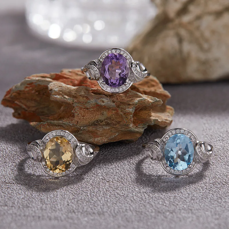 

S925Pure Silver Natural Topaz Yellow Amethyst Colorful Gemstone Ring for Women Hot-Selling Jewelry Wholesale