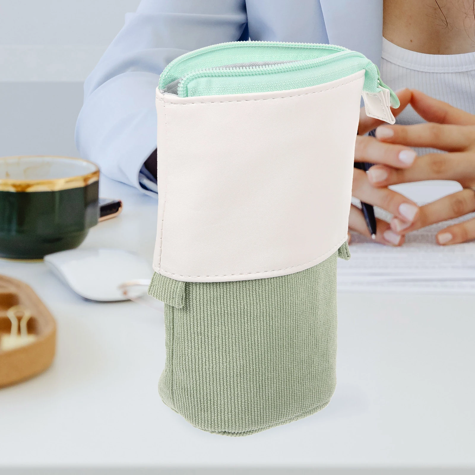 

Corduroy Pen Large Pouch Boys Girls Makeup Brushes Bag Green Minimalist Multi functional Storage School Supplies