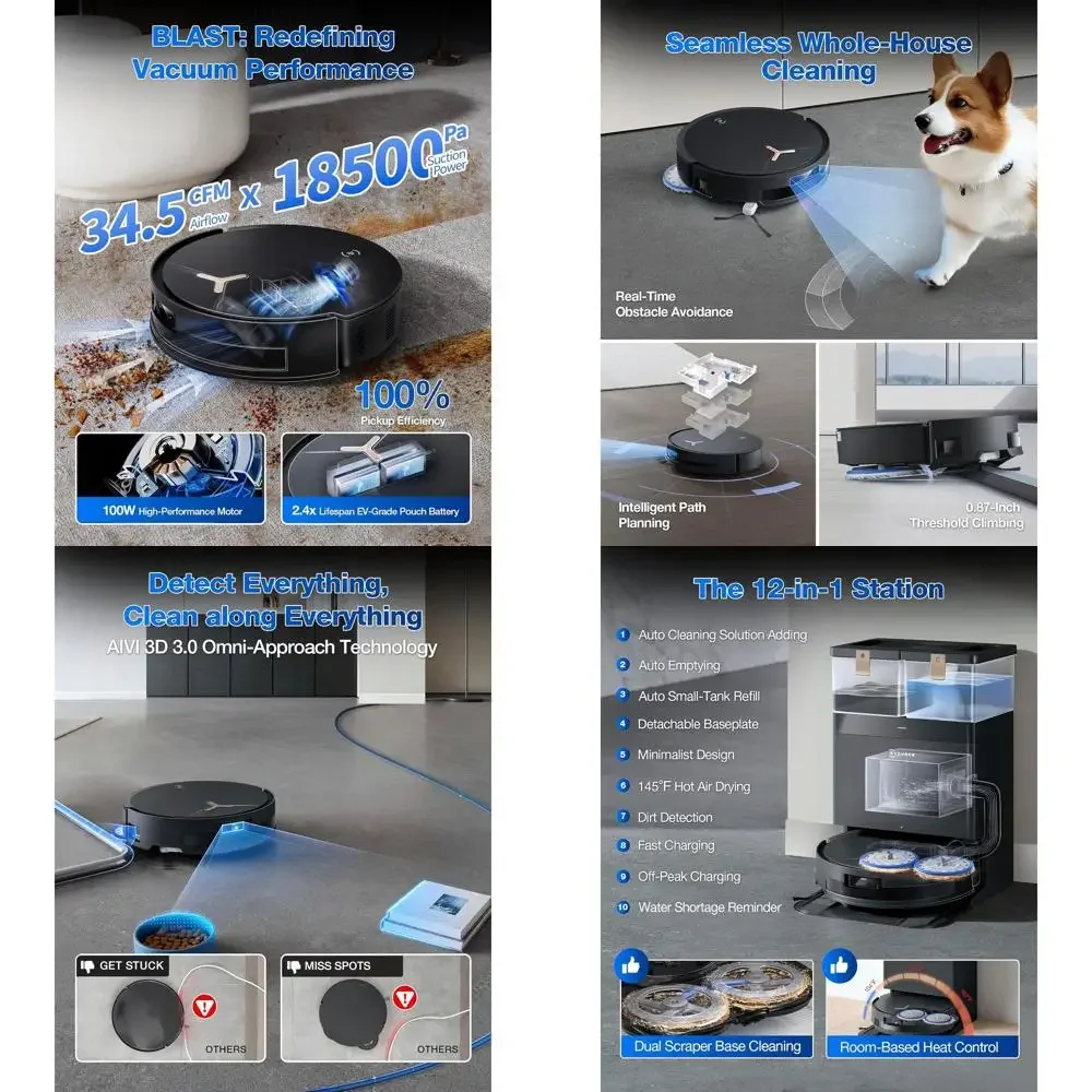 

Powerful Robot Vacuum and Mop with 18,500Pa Suction, Auto-Lit, Edge Cleaning, Smart Obstacle Avoidance, Self-Emptying, Hot Water