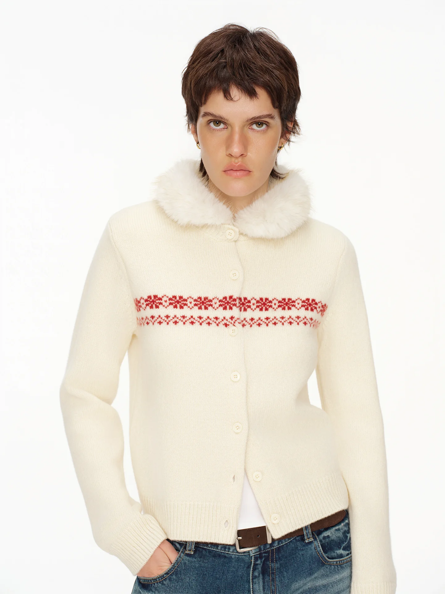 

Новый вязаный кардиган Ni8hetro 00 из шерсти с отстегивающимся меховым воротником, зимний, новогодний, повседневный, средней толщины, тонкий вязаный свитер