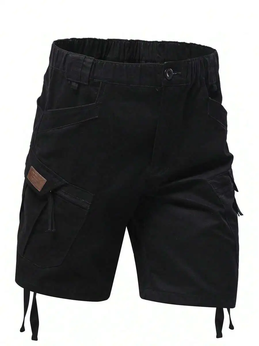 

Mens Casual Cargo Shorts Black Solid Color With Pockets Button Zipper Elastic Waist