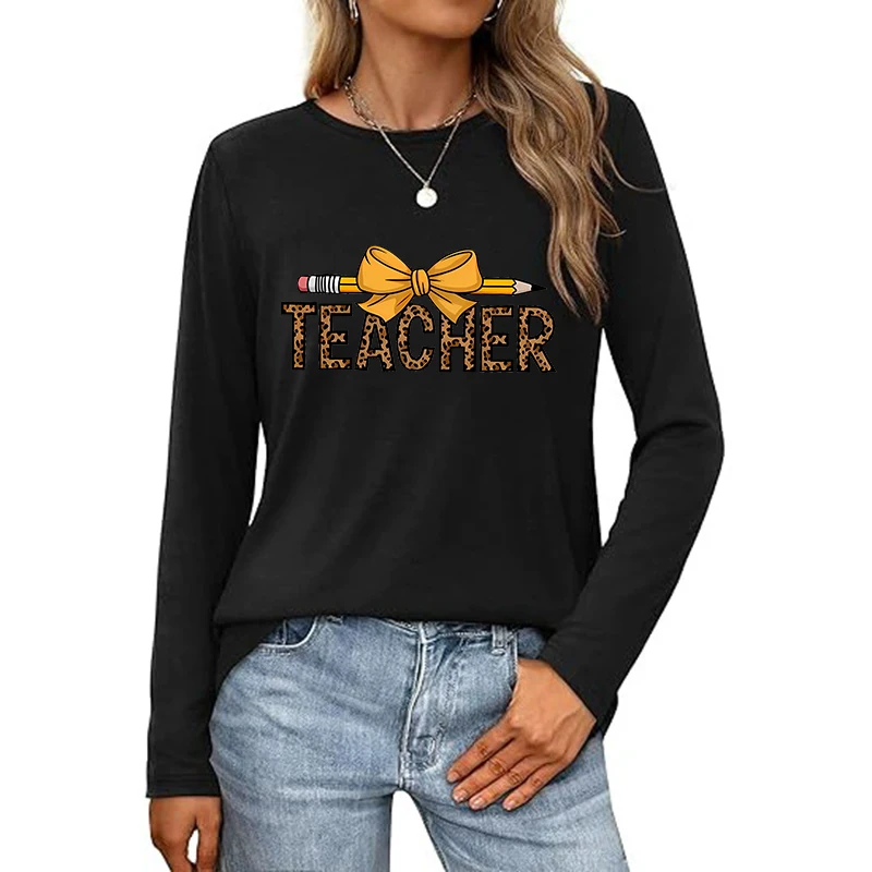 Teach Pencil Bow Glitter Leopard Checkered Coquette Tops Tee Shirt Women's Teacher Crew Neck Long Sleeve T-Shirt 90s Y2k Tshirt