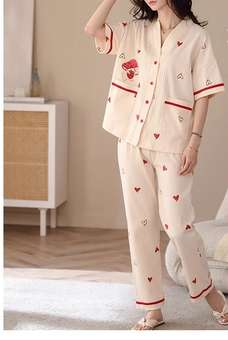 2025 Girl Summer Cotton Sweet Heart Shape Print V-neck Short Sleeve Cardigan Pajamas Set New Pants Loose Thin Simple Loungewear