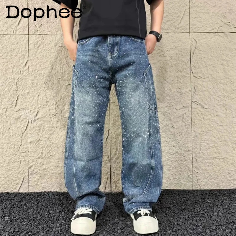 

2026 Men's Summer Trendy Jeans Starry Sky Hot Diamond Flash Unique Solid Color Jeans Loose Comfort Light Luxury Straight Pants