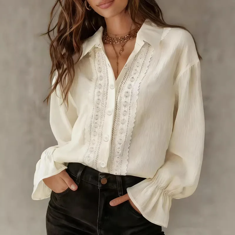 Women Solid Lapel Single Breasted Lace Splice Long Sleeve Blouse Casual Versatile Shirt