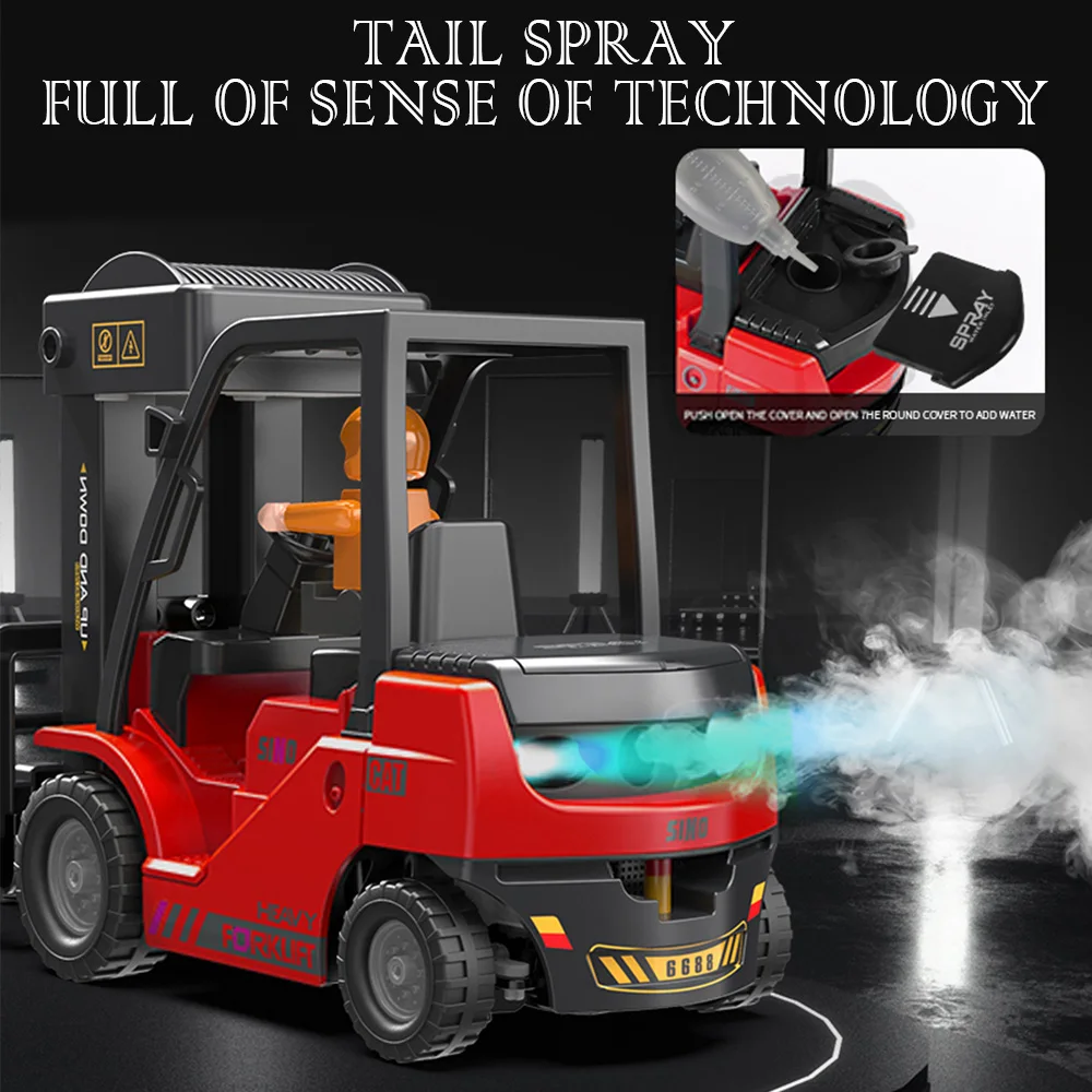 Carrello elevatore e gru in lega telecomandati da 2.4G, veicolo di ingegneria multifunzionale a 11 canali con luce, suono e Spray,