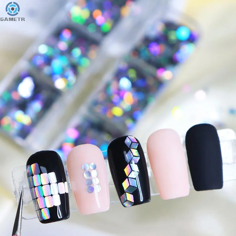 6 グリッドネイルエンハンスメントレーザーネイルグリッターフラッシュ幾何学模様ネイルデコレーションネイルチャーム DIY マニキュアツール