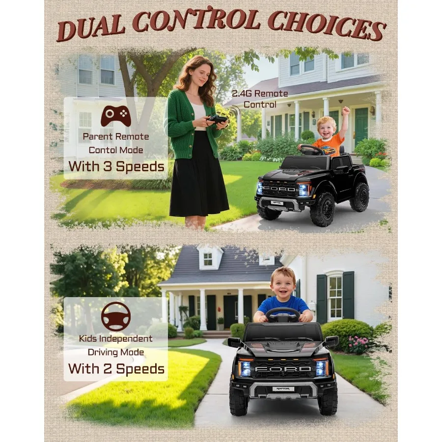 12V 公認ラプター子供用乗用玩具、親用リモコン付き乗用トラック、トラック荷台収納付き子供用電動車、3