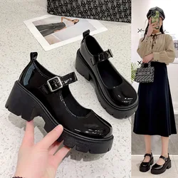 Lolita Shoes Japanese Girl Platform Black High Heels fashion Round Toe Mary Jane Women Patent faux Leather Student Cosplay Shoes