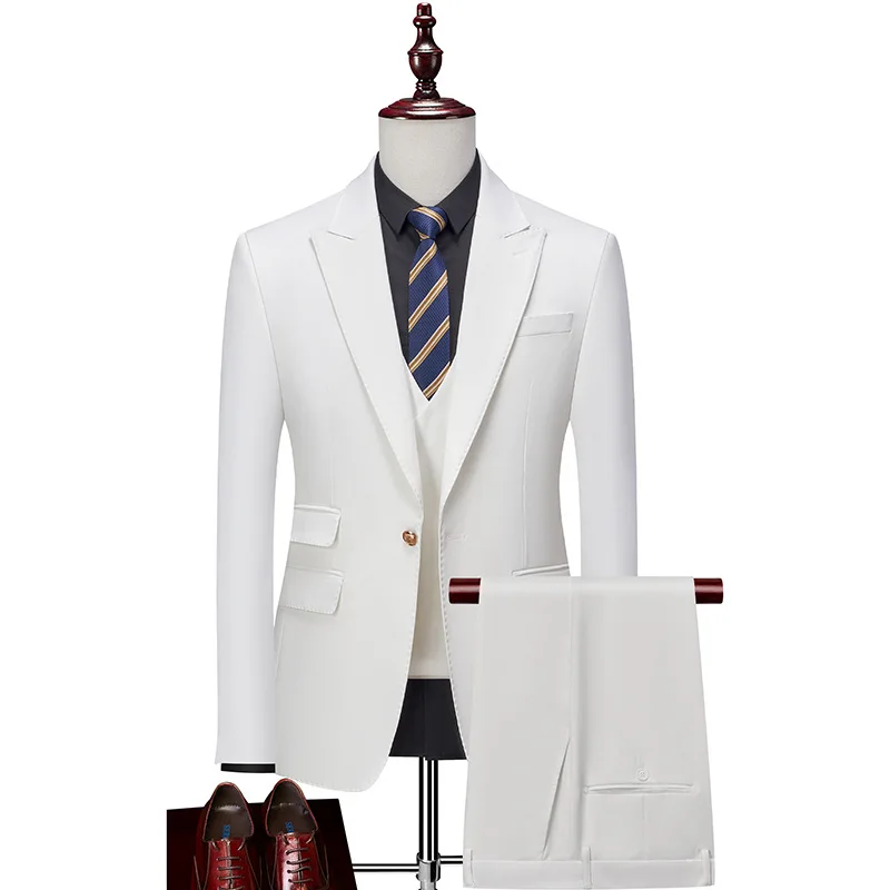 

White Men's 3 Piece Slim Fit Suits Wedding Groomsmen Prom Business Suit Blazer Jacket Vest Pants Tuxedo Set 2024