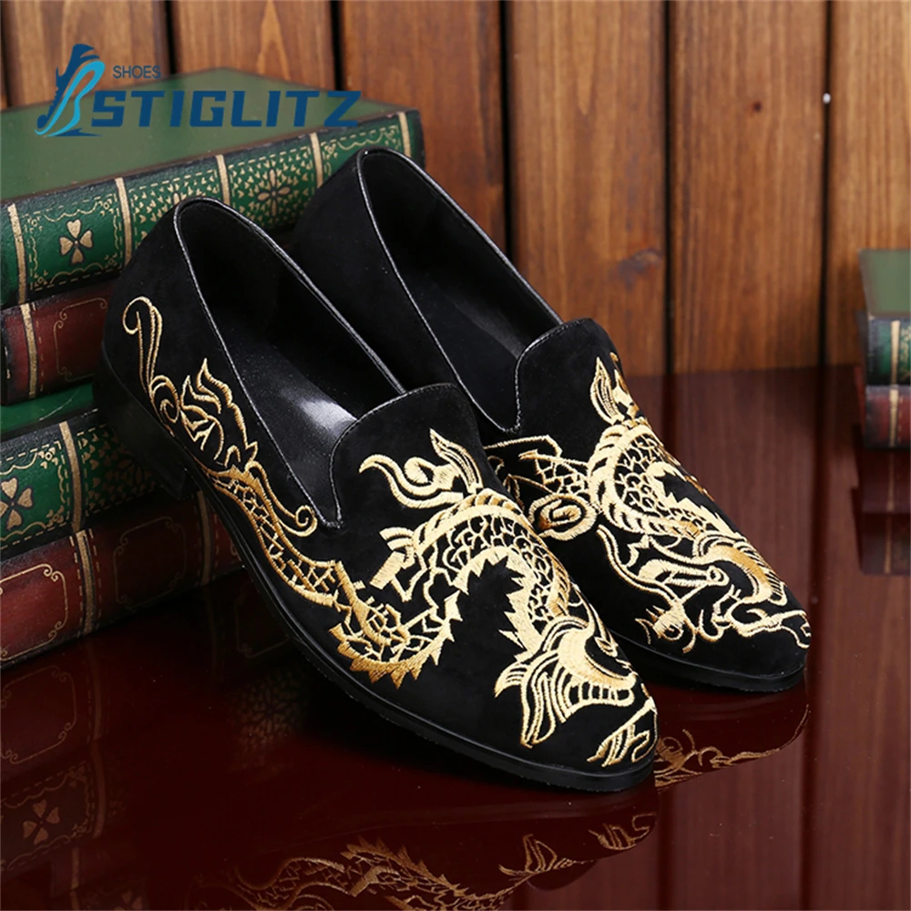 Gold Dragon Silk Embroidered Loafers Round Toe Flat Casual Shoes for Men Shallow Slip On Mules Runway Shoes Fashion Men\'s Shoes